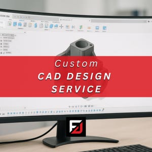 May include: A computer monitor displays a 3D CAD design of a gray mechanical part. The screen has the text "Custom CAD DESIGN SERVICE" on a red banner. A logo with the letters "F" and "J" is in the lower right corner.