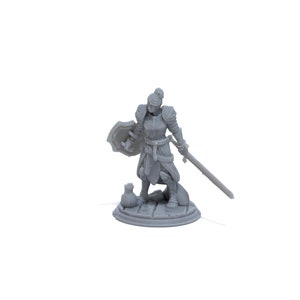 May include: A gray plastic miniature figurine of a knight in armor holding a sword and shield. The knight is standing on a small base with a bag of coins at its feet.