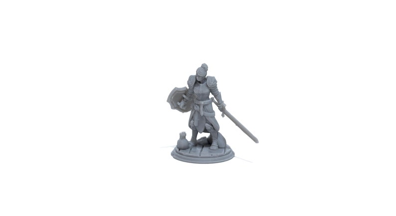 May include: A gray plastic miniature figurine of a knight in armor holding a sword and shield. The knight is standing on a small base with a bag of coins at its feet.