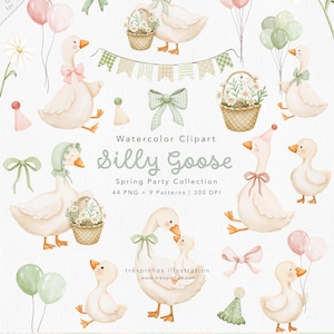 Pode incluir: Clipart em aquarela com gansos caprichosos com laços pastel, balões e cestas florais. O texto "Silly Goose Spring Party Collection" é exibido. Inclui 44 arquivos PNG e 9 padrões.