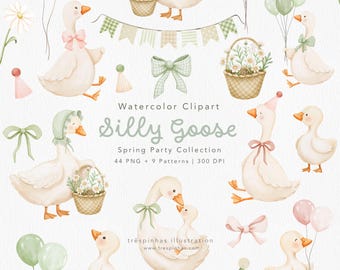 Cute Silly Goose Spring Party Clipart, Watercolor Goose with Bows PNG, Coquette Sage Green & Pink Gingham Seamless Patterns, commercial use