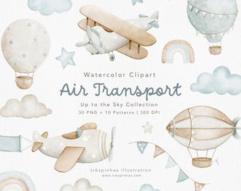 Aquarel clipart van luchttransport, vliegtuig PNG, decoratie voor babykamer van een jongen & babyshower, heteluchtballonnen, naadloze patronen PNG, 300 dpi