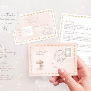 Mini Set del Hada de los Dientes, Carta imprimible del Hada de los Dientes, certificado y sobre, versiones PT y EN, PDF editable, Rosa, Descarga instantánea