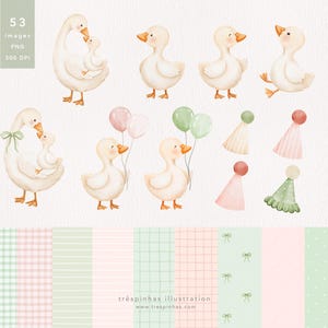 May include: Watercolor illustrations of ducks, ducklings, balloons, and party hats in soft pastel colors. The image includes various patterns in pink and green, perfect for baby showers or children's designs.