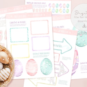 Peut inclure: Un kit numérique de chasse aux œufs de Pâques avec des pages imprimables présentant des motifs d'œufs colorés, des empreintes de lapins et des flèches directionnelles. Un panier d'œufs de Pâques décorés est au premier plan.