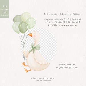 May include: A hand-painted digital watercolor illustration of a white goose holding green balloons. The goose has an orange beak and feet, and a green bow tie. The image includes text that says "53 Images PNG 300 DPI".
