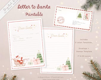 Kids Letter To Santa Printable, Instant Download Letter To Santa and envelope, Easy To Print Letter To Santa, Cute Template Letter To Santa