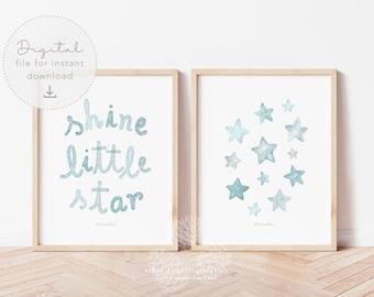 Shine Little Star, Star Themed Nursery, Space Nursery Decor, Baby boy nursery Watercolor Painting, Baby gift, Stars Printable wall art