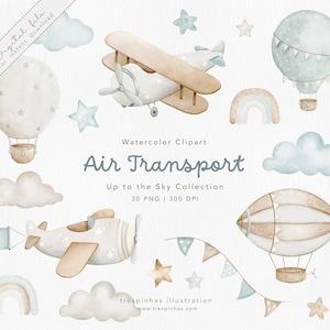 Air Transport watercolor clipart set, airplane clipart, baby boy wall art, hot air balloons watercolor airplane, nursery decor, PNG, 300dpi