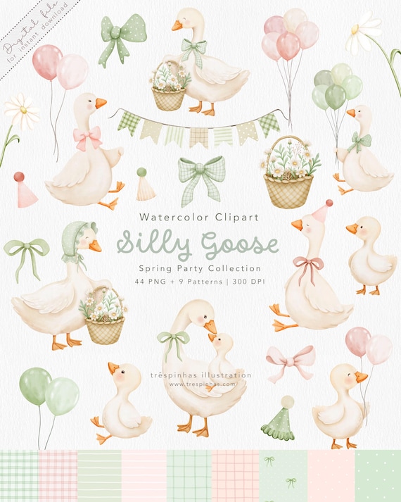 Cute Silly Goose Spring Party Clipart, Watercolor Goose with Bows PNG, Coquette Sage Green & Pink Gingham Seamless Patterns, commercial use