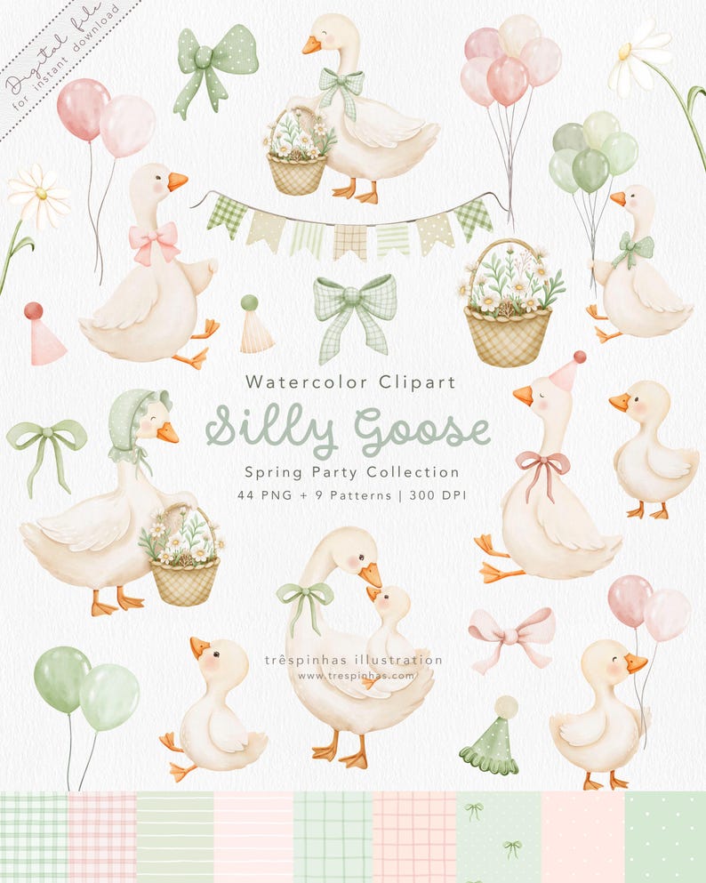 May include: Watercolor clipart featuring whimsical geese with pastel bows, balloons, and floral baskets. The text "Silly Goose Spring Party Collection" is displayed. Includes 44 PNG files and 9 patterns.