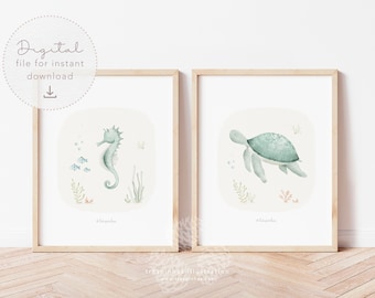 Watercolor turtle and sea horse nursery decor, Sea illustration digital download, Expecting mom gift, Marine animals printable wall art