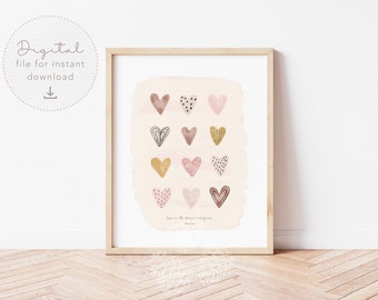 Watercolor Hearts nursery print, Love pdf, girl neutral nursery printable poster, Digital watercolor,hearts wall art,Printable Wall Art boho