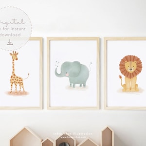 Pack 3 ilustraciones de animales de la selva, decoración imprimible de arte de pared infantil, habitación para niños, arte animal de safari lindo infantil, ilustración en acuarela
