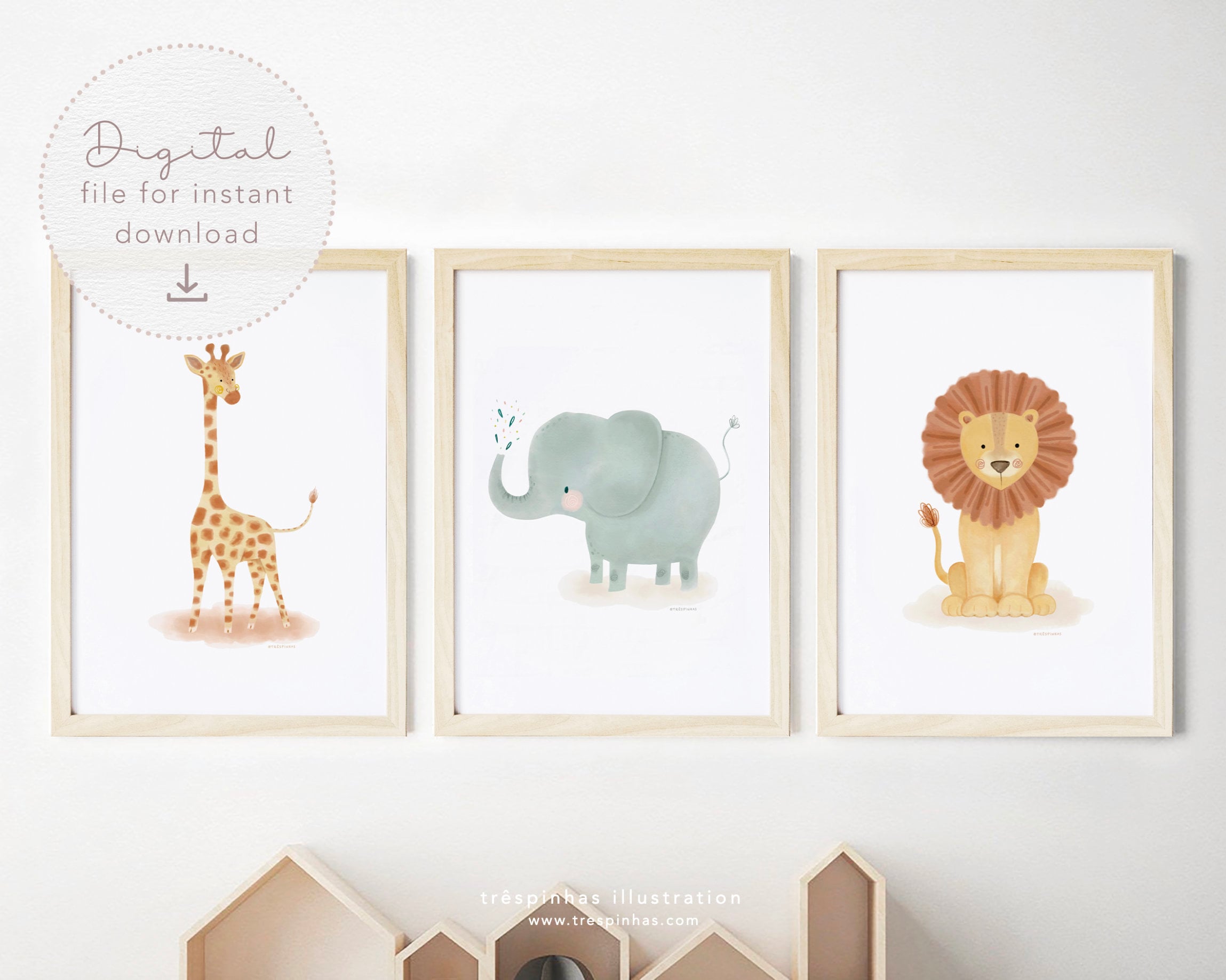 Set 3 Safari animals Art Prints, printable nursery Wall Art decor, kids room, nursery cute animal, digital watercolor illustration, PDF, JPG