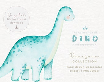 Dinosaur Clipart Watercolor PNG, Cute Dino Instant Download, diplodocus dinosaur clipart, cute dinosaur  high resolution PNG 300dpi
