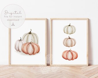 Set 2 Pumpkins print, Pumpkins Printable wall art, Fall watercolor, Rustic Fall Print, nude tones Fall wall art, fall decor,digital download