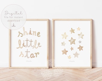 Set of 2 Shine Little Star, Star Themed Nursery, Space Nursery Decor, watercolor Painting, Stars Printable wall art,baby neutral earth tones