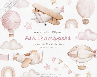 Air Transport watercolor clipart set, airplane clipart, baby girl wall art, hot air balloons watercolor airplane, nursery decor, PNG, 300dpi