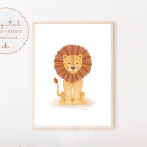 Safari nursery print, Lion pdf, gender neutral nursery, playroom printable poster, Digital watercolor, lion wall art, Printable Wall Art