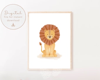 Safari nursery print, Lion pdf, gender neutral nursery, playroom printable poster, Digital watercolor, lion wall art, Printable Wall Art