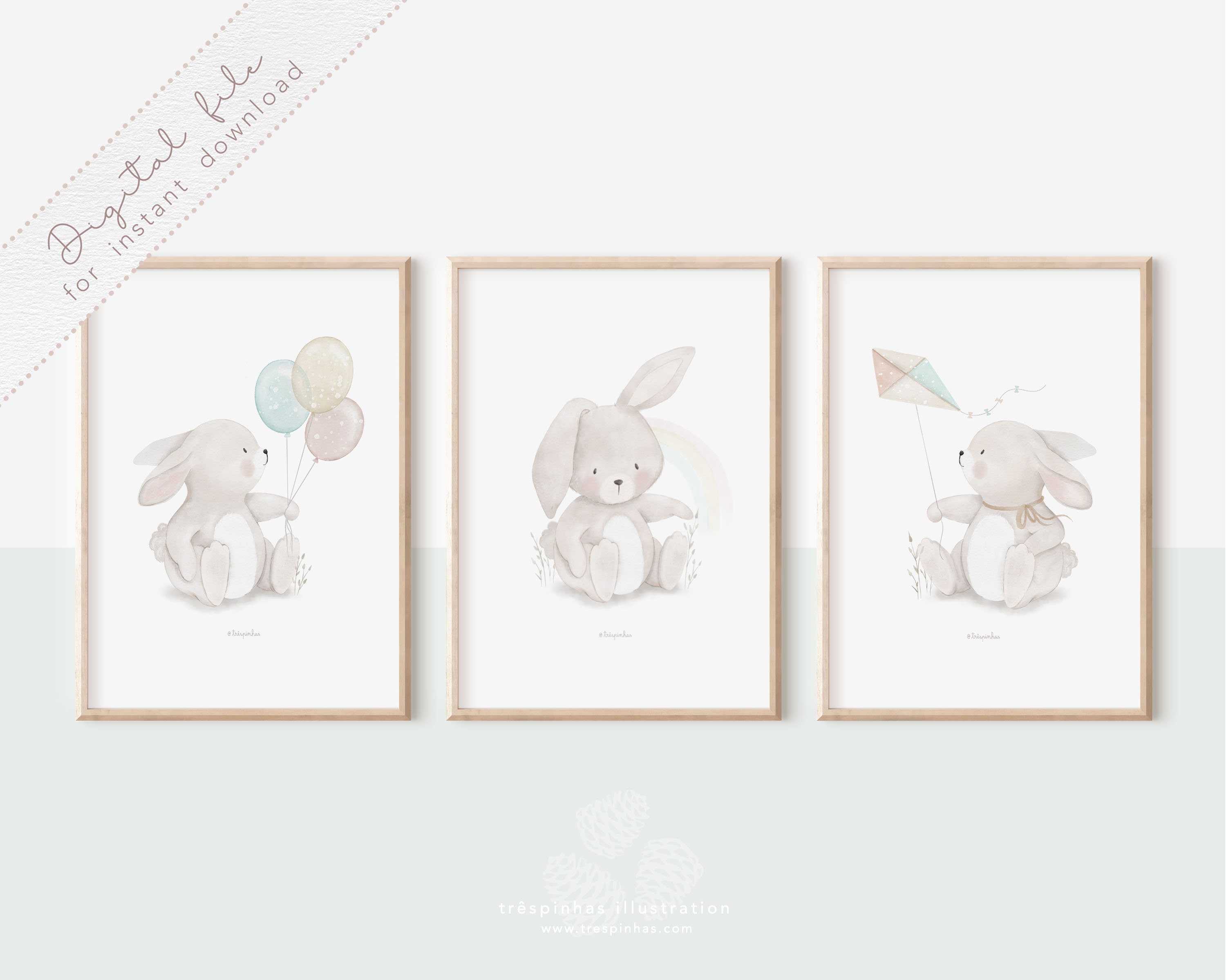 Cute Neutral Rabbit Set 3 Cute Bunnies Art Prints, Printable Nursery Wall Art Decor ...
