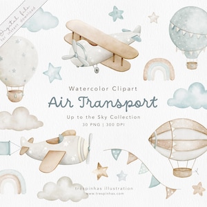 Air Transport watercolor clipart set, airplane clipart, baby boy wall art, hot air balloons watercolor airplane, nursery decor, PNG, 300dpi