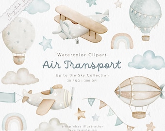 Air Transport watercolor clipart set, airplane clipart, baby boy wall art, hot air balloons watercolor airplane, nursery decor, PNG, 300dpi