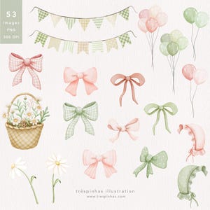 May include: Watercolor illustrations of bows, balloons, banners, daisies, and a basket of flowers in soft pastel colors. The image includes a variety of bows in pink and green, along with several balloons in pink and green hues. A basket of flowers is also featured.