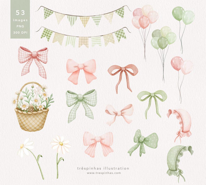 May include: Watercolor illustrations of bows, balloons, banners, daisies, and a basket of flowers in soft pastel colors. The image includes a variety of bows in pink and green, along with several balloons in pink and green hues. A basket of flowers is also featured.