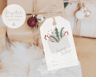 Printable Christmas Gift Tag, Happy Holidays favor tag, Watercolor xmas wreath, Holiday gift tag, Diy hang tag, Xmas PDF instant download