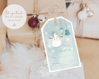 Printable Christmas Gift Tag, Merry Christmas favor tag, Watercolor snowman tags, Holiday gift tag, Diy hang tag, Xmas PDF instant download