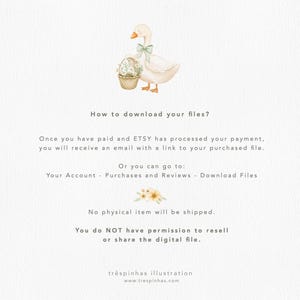 May include: Watercolor illustration of a goose with a green bow holding a basket of flowers. Text includes instructions on how to download files after purchase. The illustration is from tr&ecirc;spinhas illustration.