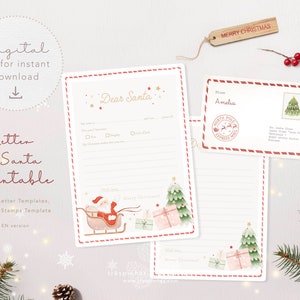 Carta a Papá Noel, Linda plantilla imprimible Carta a Papá Noel con sobre, 2 versiones en PT y EN, PDF, Descarga instantánea