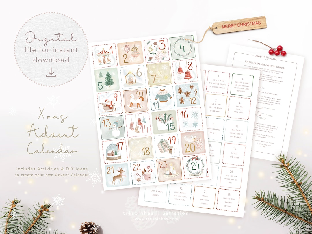 Printable Christmas Advent Calendar, Xmas Art Print, DIY Xmas, Family ...