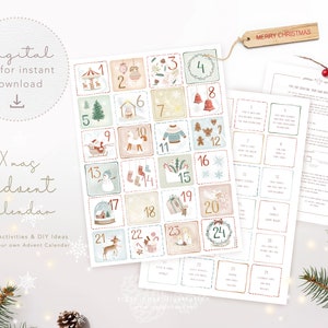 Pode incluir: Um calendário do advento de Natal imprimível com 24 quadrados ilustrados com cenas de inverno e os números de 1 a 24. O calendário inclui uma folha separada com ideias de atividades para criar o seu próprio calendário do advento.