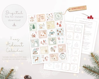 Printable Christmas Advent Calendar, Xmas Art Print, DIY Xmas, family Advent activities, Xmas Tags, Instant Download Gift Tags, Favor Tags
