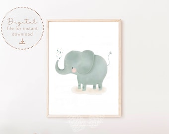 Safari nursery print, Elephant pdf, gender neutral nursery, playroom printable poster, Digital watercolor, elephant wall art, Digital Print