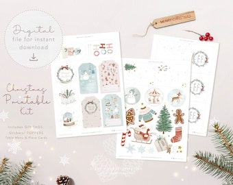 Christmas Printable Kit, Gift Tags, Toppers, Stickers, Table Layout Cards with cute xmas elements, for wrapping presents and xmas decor PDF