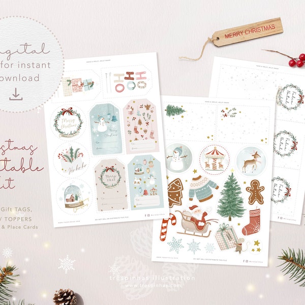 Christmas Printable Kit, Gift Tags, Toppers, Stickers, Table Layout Cards with cute xmas elements, for wrapping presents and xmas decor PDF