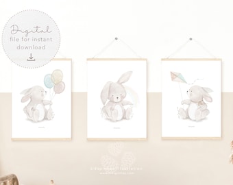 Set 3 Cute Bunnies Art Prints, printable nursery Wall Art decor, nursery cute animal, bunny digital watercolor illustration, gender neutral