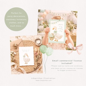 May include: An illustration featuring a birthday party theme with a goose. The image includes a card with a goose illustration, a sign that says "Welcome to my birthday party!", and a small commercial license notice.