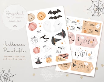 Printable Halloween Toppers, Halloween favor tags, flags and halooween treat bag toppers with cute halloween elements, for instant download