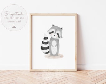 Forest nursery print, Raccoon pdf, gender neutral nursery, playroom printable poster,Digital watercolor, raccoon wall art,Printable Wall Art