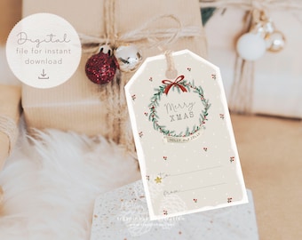 Printable Christmas Gift Tag, Merry Christmas favor tag, Watercolor xmas wreath, Holiday gift tag, Diy hang tag, Xmas PDF instant download