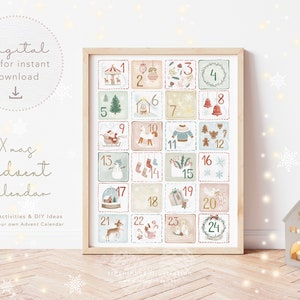 Printable Christmas Advent Calendar, Xmas Art Print, DIY Xmas, family Advent activities, Xmas Tags, Instant Download Gift Tags, Favor Tags