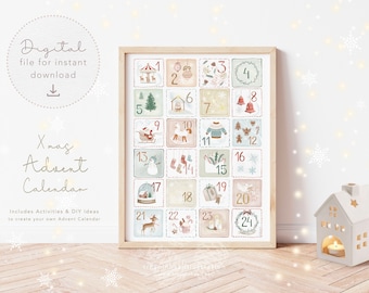 Printable Christmas Advent Calendar, Xmas Art Print, DIY Xmas, family Advent activities, Xmas Tags, Instant Download Gift Tags, Favor Tags
