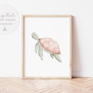 Watercolor pink Turtle nursery decor, Sea illustration digital download, girly room wall decor, Marine animals printable wall art pdf jpg
