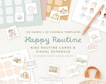 Kids Routine Cards & Visual Schedule, Editable 120 Printable Cards and 22 Templates, Happy Daily Routine kids chore chart, EN and PT version