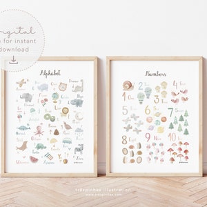 Pack 2 ABC-Illustrationen + 123 druckbare, Kinderzimmer-Wand-Kunst-Dekor, Abkürzung, Zahlen, digitale Aquarellillustration, JPG, PDF, A3, 11 x 14"